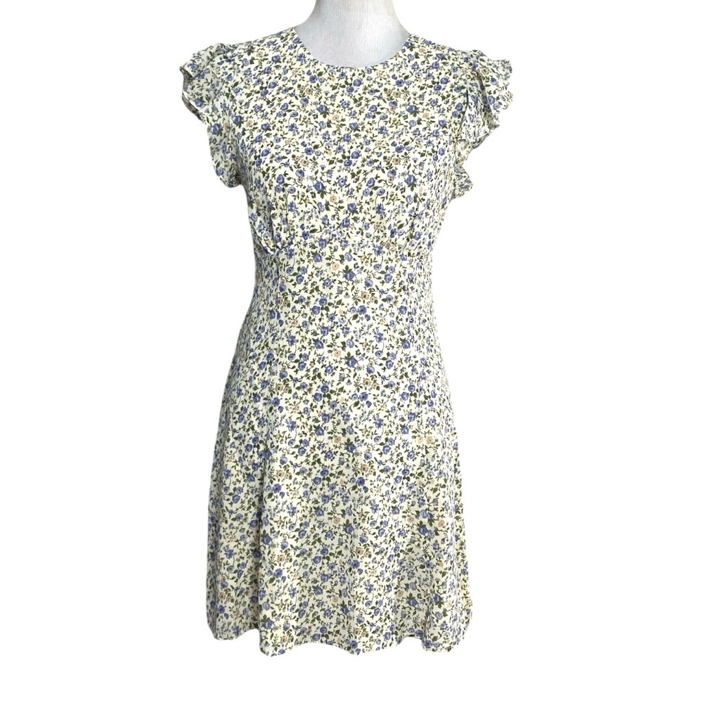 Reformation Floral Mini Dress in Cream, Blue, and Green